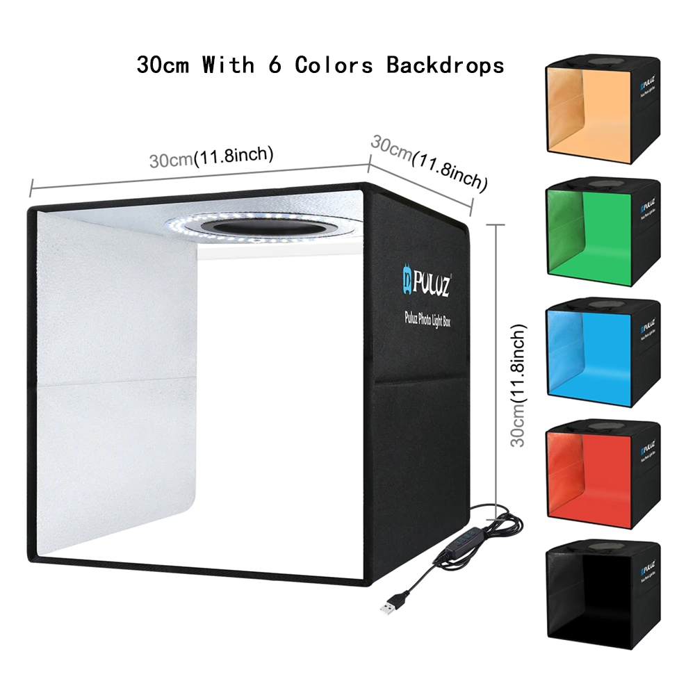 Puluz Fotostudio Lightbox Draagbare Fotografie Verlichting Doos Ring Led Softbox Schieten Tent Box Kit 6 Kleuren Achtergronden Photobox Fotografie Studio Lightbox 6 Kleur Achtergronden Softbox Fotostudio Box Kit Fotost: 30cm Black Version