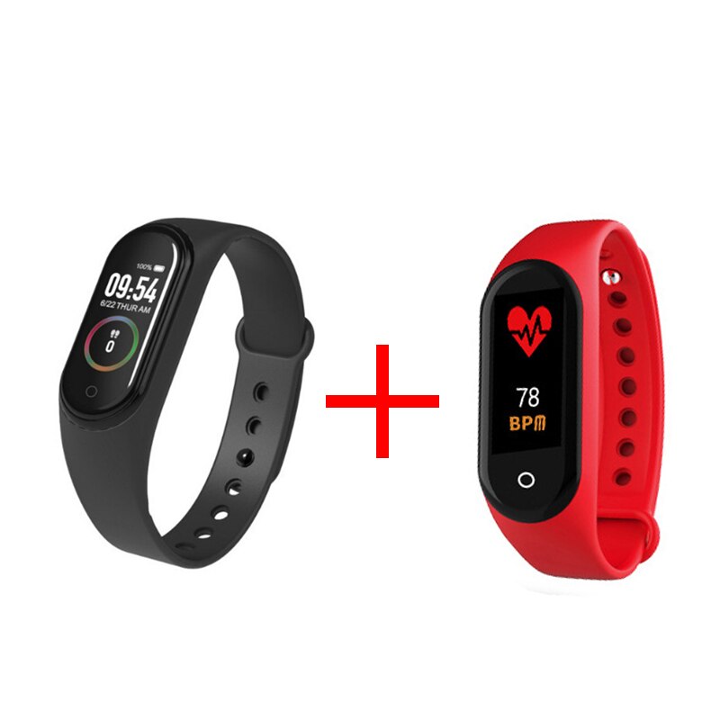 2pcs Couple M4 Smart Bracelet Heart Rate Blood Pressure Health Waterproof Smart Watch Bluetooth Watch Wristband Fitness Tracker: Black and red