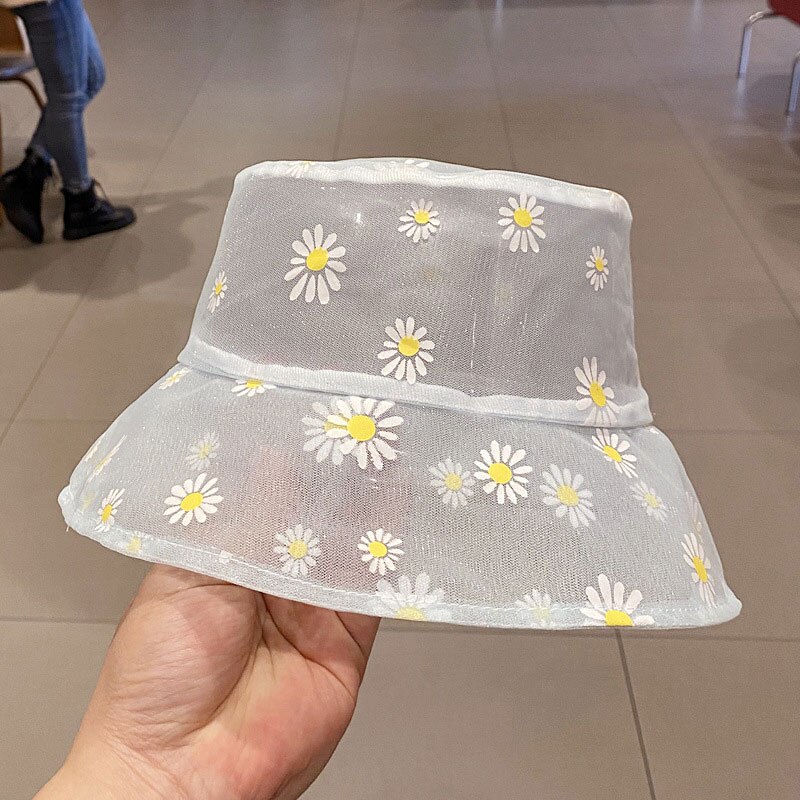 Sommer solbassin hat mesh blomster søde kvinder fiskerhat åndbar fiskerhat tusindfryd printede rejsekasketter: Hvid