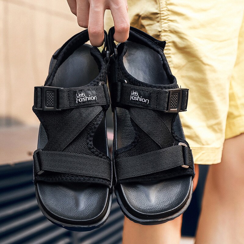 Casualowe, solidne sandały gladiatorki dla mężczyzn, podstawowe płaskie sandały plażbyć winnym, pasek z klamrą, platforma, siateczka, sandały męskie: Czarny / 7.5