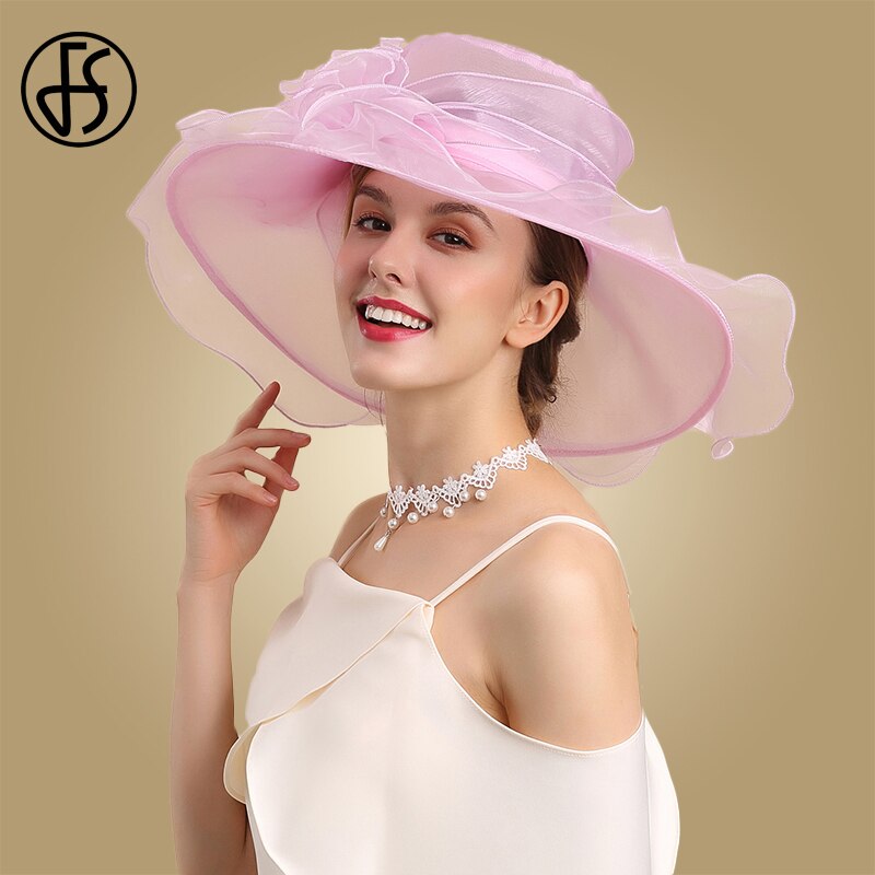 Sombreros para Misa de verano, sombrero Fedora rosa de ala ancha para mujer, sombreros plegables elegantes con flores grandes Vintage