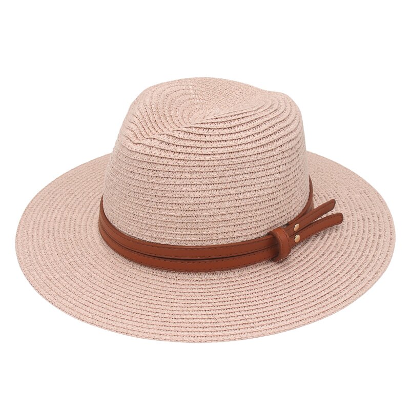 Chapeau d'été en paille pour femmes et hommes, à large bord, solide, Panama, pour la plage, décontracté, fait à la main, Protection UV: pink