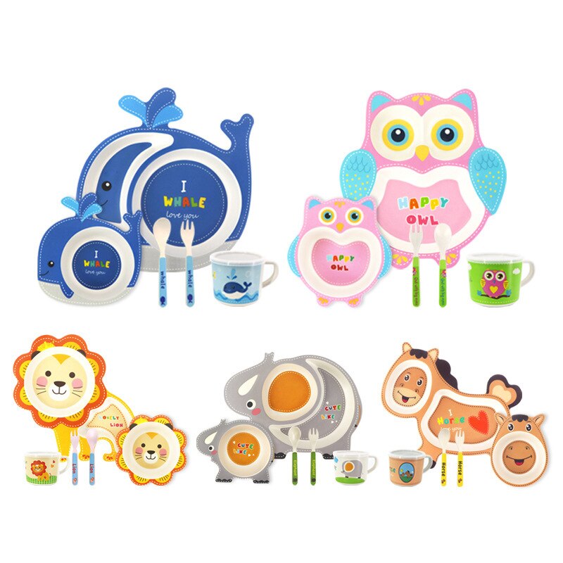 Vaisselle bébé belle bande dessinée enfants alimentation plats enfants plat bambou Fiber vaisselle ensemble avec bol fourchette tasse cuillère plaque 5 pièces