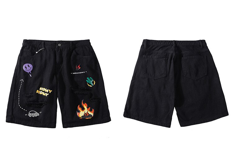 LENSTID été feu flamme Cactus imprimé détruit déchiré Baggy Denim Shorts Harajuku Streetwear Hip Hop Jeans décontractés pantalons courts: Black / Asian XL