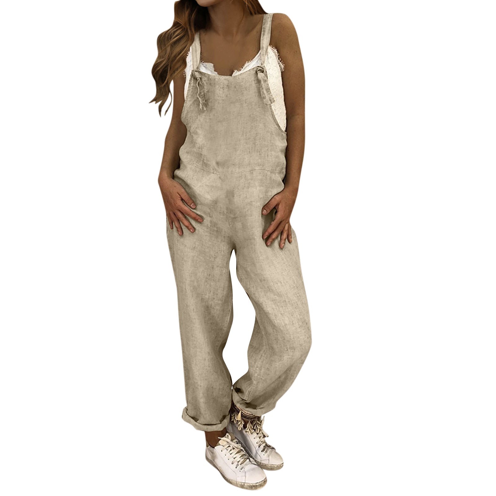 Jumpsuit plus size ensfarvede vide ben kvinder jumpsuit sommer afslappet løs ærmeløs lommer hagesmækken overalls sparkedragter