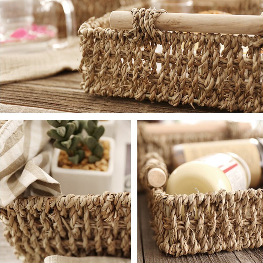 Straw Basket Wooden Handle Table Simple Storage Basket for Sundries Cosmetics Key (Small Size 21x21x5cm)