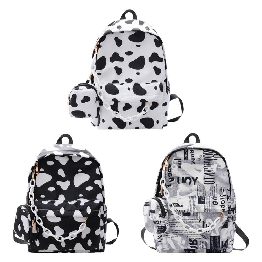 Mochila de lona para mujer, bolso de hombro con estampado de leche de vaca, de gran capacidad, escolar, para adolescentes,