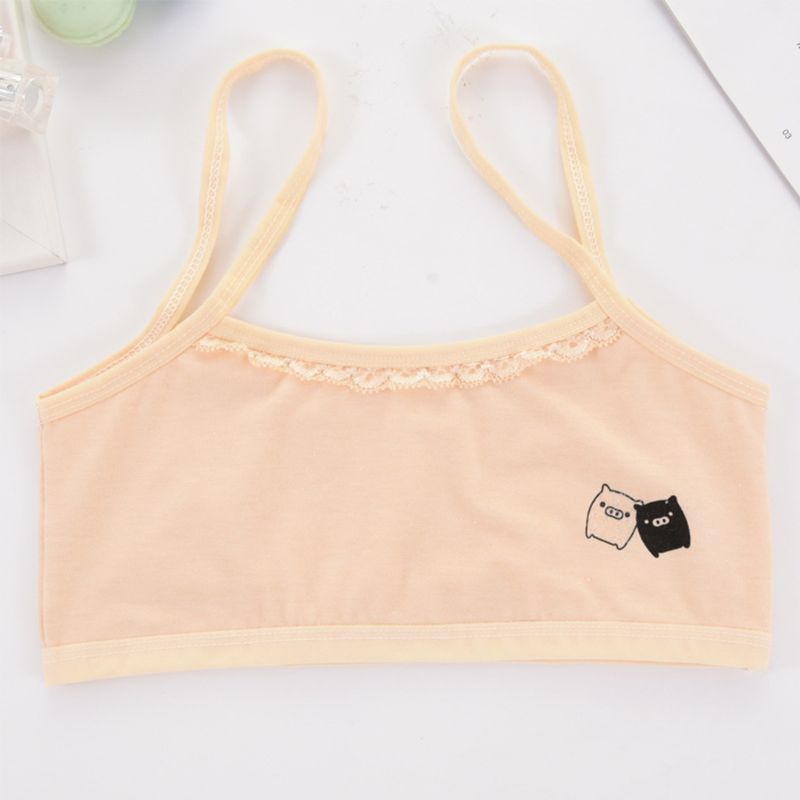 Puberteit Meisjes Spaghetti Strap Training Beha Leuke Cartoon Little Pig Ondergoed Draadloze Bralette Geschulpte Kant Splicing Hemdje