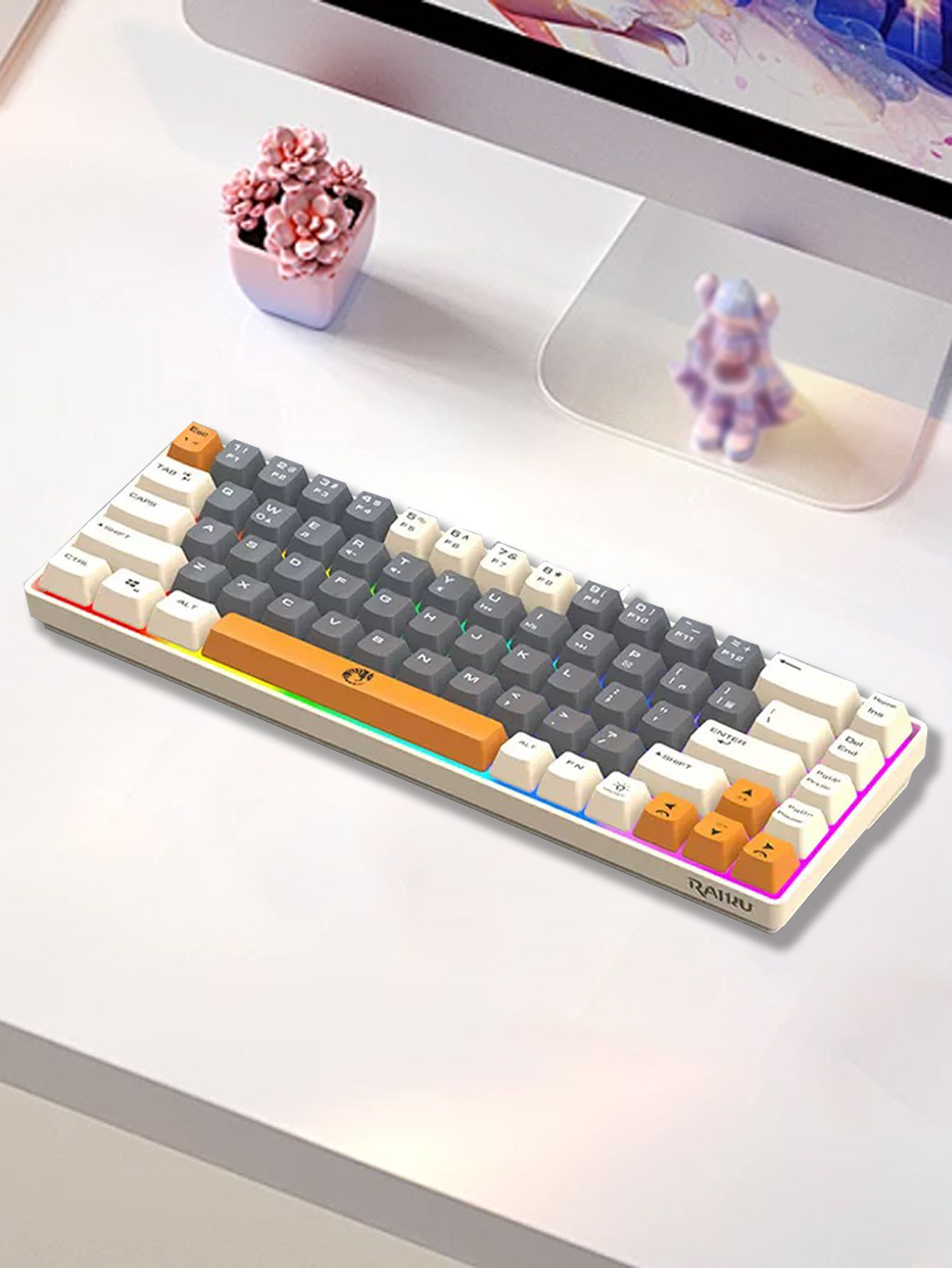 Three-piece wired gaming keyboard, rainbow backlight, multimedia function, mechanical feel, suitable for office and gaming: Khaki