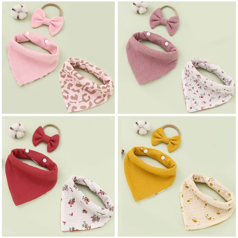 Bavoirs avec nœud papillon pour bébé, 2 pièces, bandeau gaufré, serviette de salive, bandeau triangulaire pour cheveux, Clo G99C