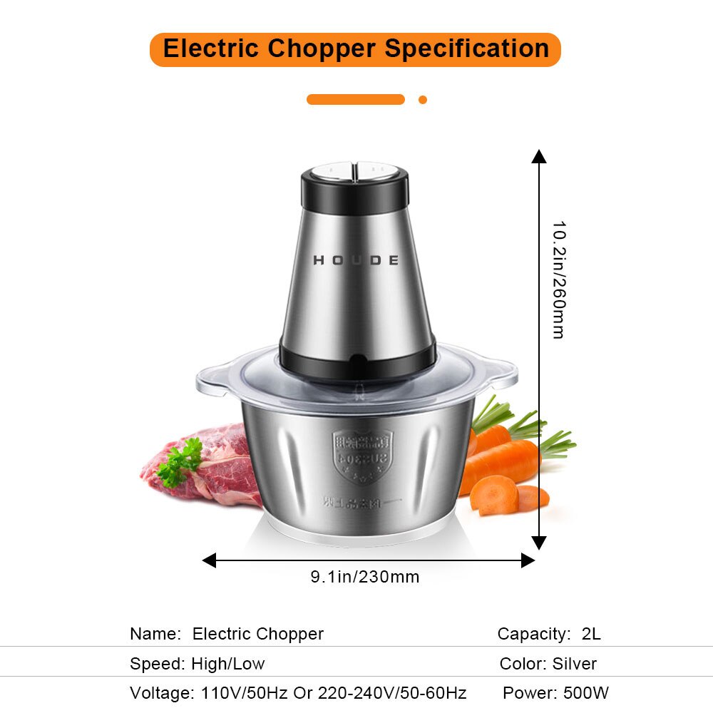 Electric Chopper Minner 500W Powerful Meat Grinder Vegetble Mixer 220V-240V 2 Speed Stainless steel 2L Capacity