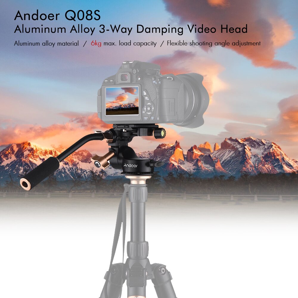 Andoer Q08S 3-Way Damping Video Head Tripod Head Pan Bar Handle 1/4" 3/8" Screw Mount Hole for DSLR ILDC Camera Tripod Monopod