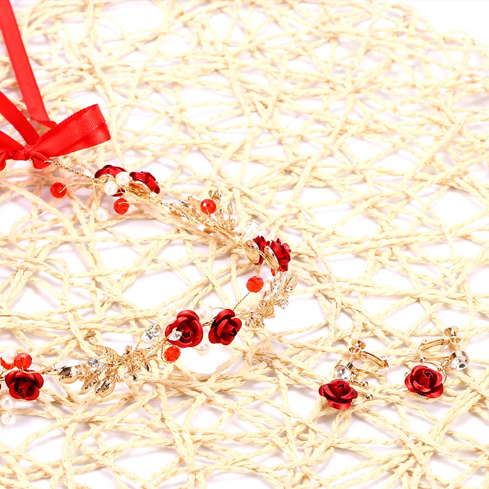 1Set Women Red Rose Crystal Pearl Bride Hairband Crown Wedding Toast Clothing Hair Accessories Earrings Set