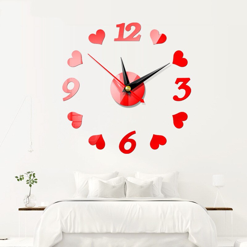 3D Wall Clock DIY Acrylic Large Frameless Mirror Number Sticke Art Decal Living Room Decor Wall Clock Modern: Red-1