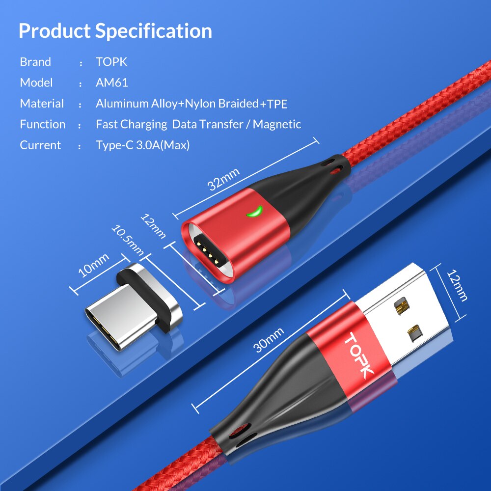 TOPK 1M 3A Magnetic Cable Fast Charging Type C Cable USB C Cable Data Cable For Xiaomi Redmi Note 7 Samsung