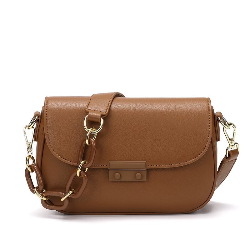 Women's Solid Color Small Square Bag Simple Korean One Shoulder Double Shoulder Leisure Crossbar Chain Leisure Bag: Brown