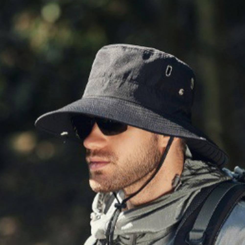 Summer Men Sun Hat Anti UV Sun Windproof Strap Wide Brim Bucket Hat Foldable Portable Travel Cap Fisherman Hat