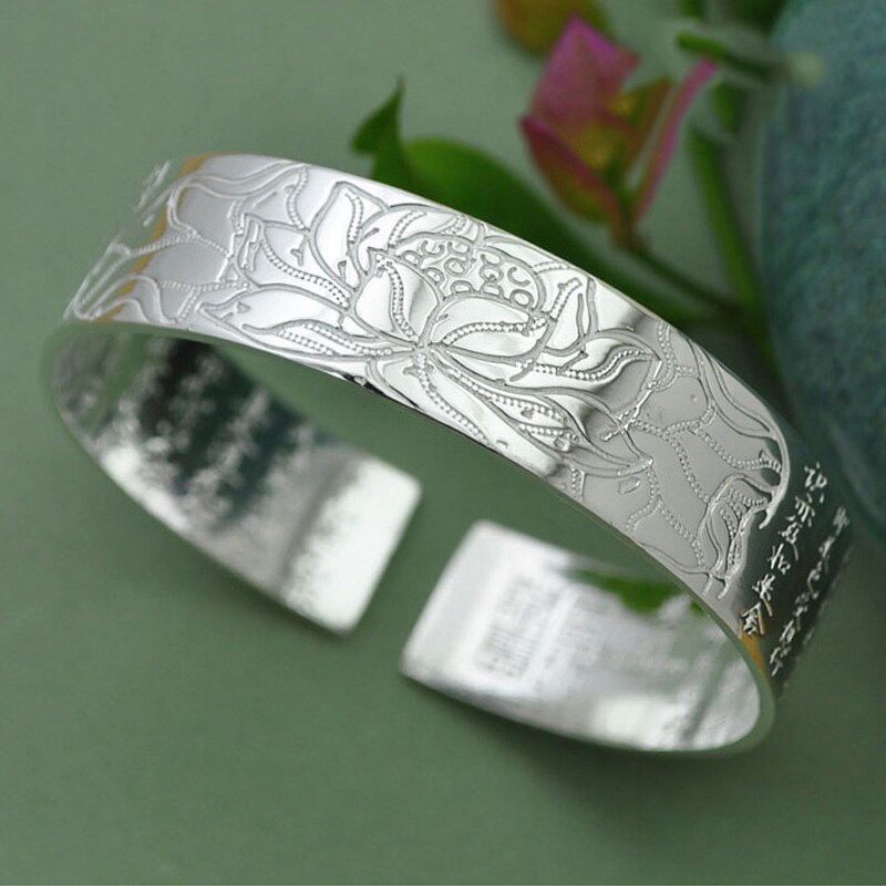Sangsy vintage sølvfarvet manchet mantra armbånd mænd hjerte sutra armring lotus blomst armbånd tibetansk buddhisme etniske smykker: Hvid-sølvfarve