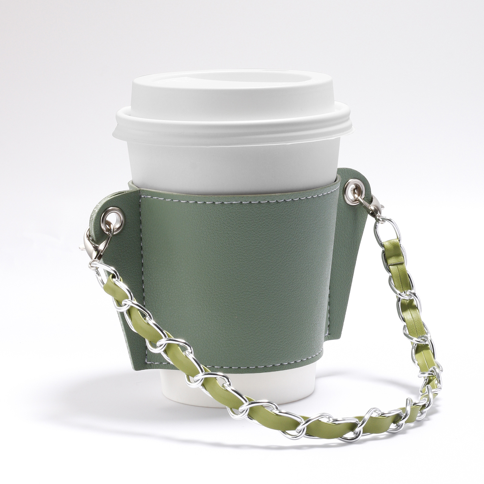 Manchon de tasse Portable pour boissons chaudes, réutilisable avec chaîne, manchon de boisson chaude isolé, en cuir, porte-gobelet: Green