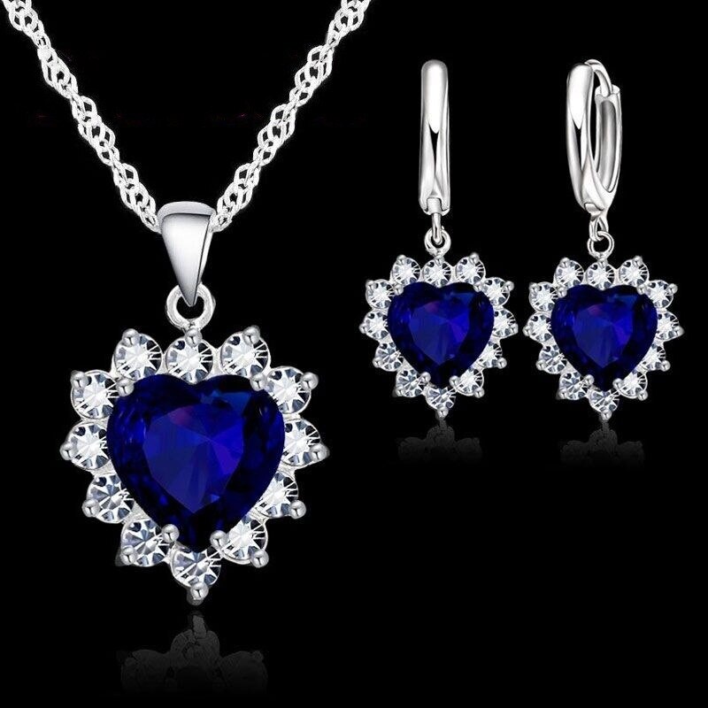 Conjunto de joyería de plata de ley 925 para mujer, colgante de corazón de piedra CZ, collar, pendientes, de cumpleaños