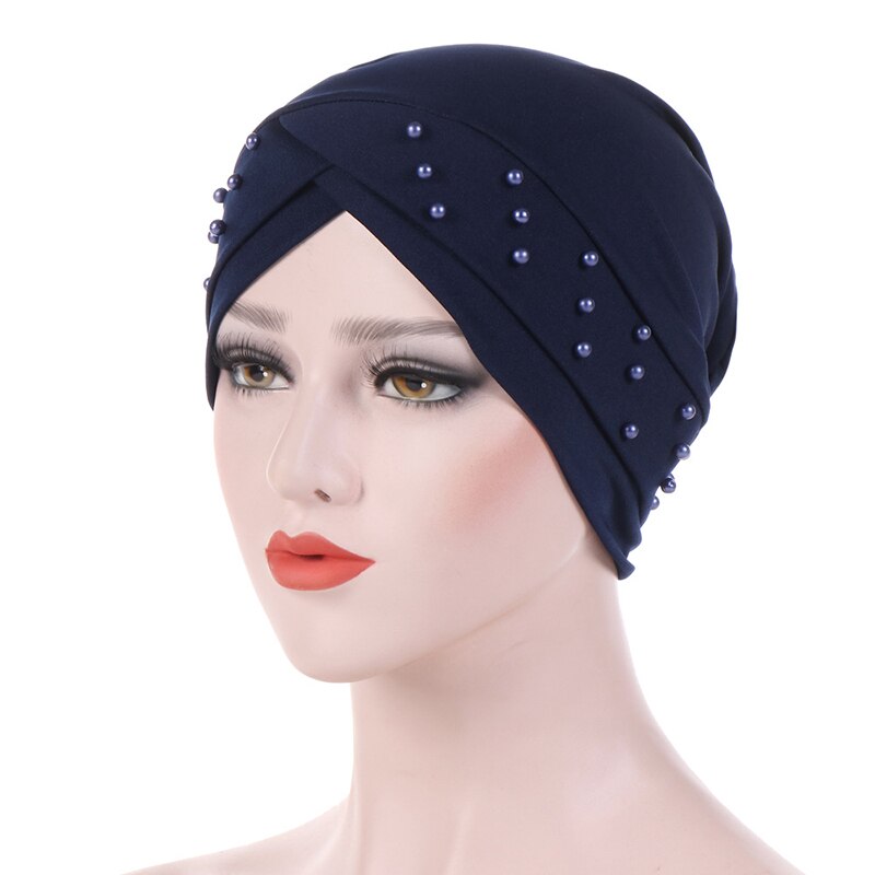 cotton solid folds pearl muslim turban scarf women islamic inner caps Arab wrap head femme musulman turbante mujer: Navy Blue