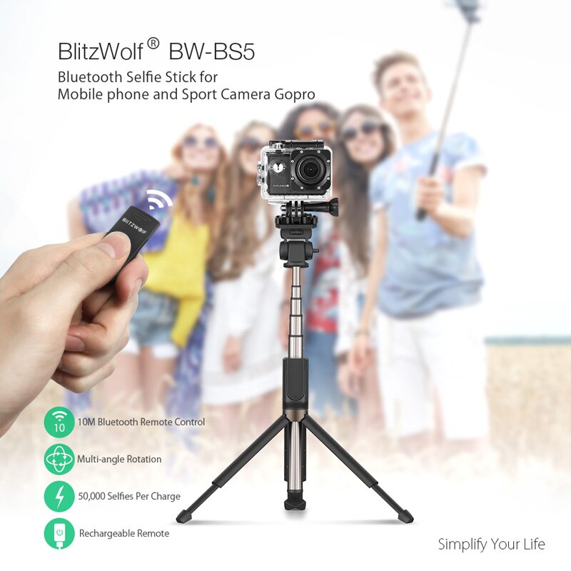 Blitzwolf 3 In 1 Selfie Stok Bluetooth Remote Handheld Statief 810 Mm Uitgebreide Monopod Voor Gopro 1/4 'Sport Camera telefoons Dslr