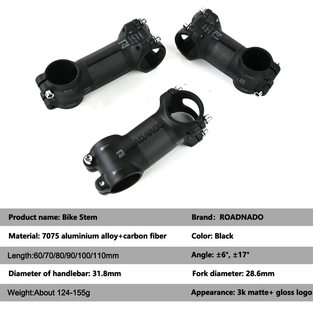 ROADNADO MTB Bike Stem Carbon Fiber+Aluminum Alloy Bicycle Handlebar Stem Road Bike Stem 6/17 Degree 60/70/80/90/100/110MM