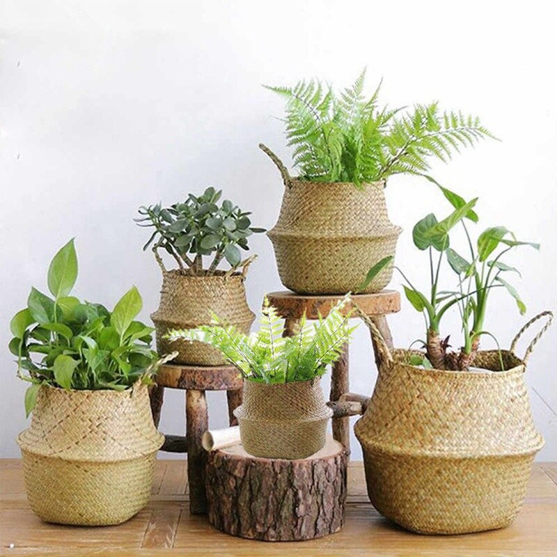 Cesta de cestería para algas marinas, maceta de flores colgante de ratán, cesto para ropa sucia, cestas plegables de almacenamiento, jardín casero decorativo