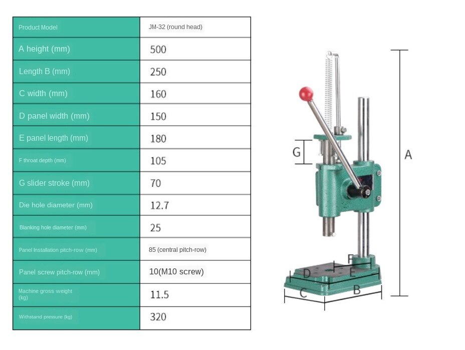Mała prasa ręczna ambona przemysłowy mikro wykrawarka prasa regulowana wysokość JM-16 kwadratowa głowica okrągła prasa aluminiowa biegun: JM32 okrągły