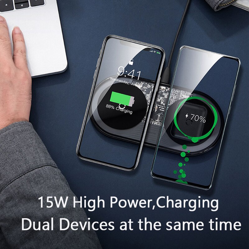Baseus 2 in 1 Dual Qi Wireless Charger For iPhone 11 Pro Max X Airpods 15W Fast Wireless Charging Pad Induction Wirless Charger