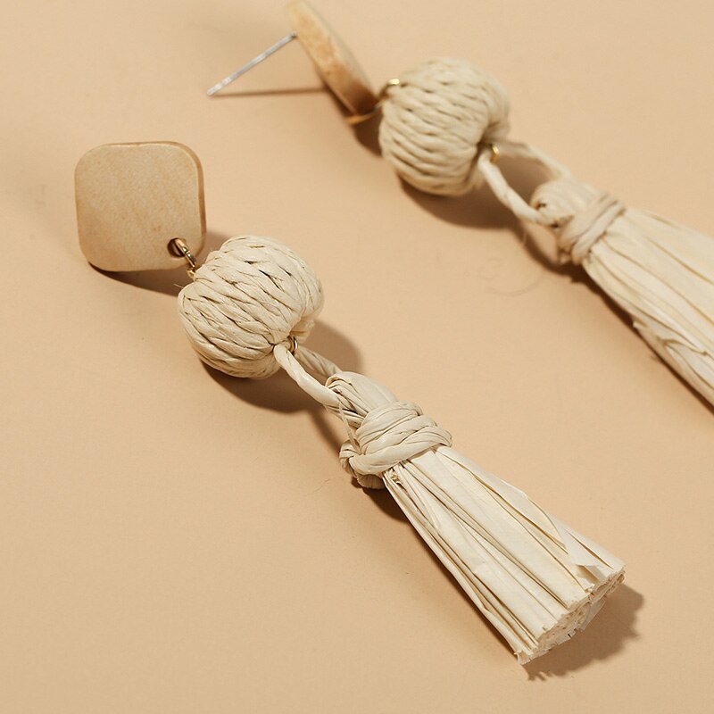 Bohemian Female Handmade Woven Vine Rattan Straw Earrings For Women Boho Geometric Square Wooden Dangle Earring Jewelry