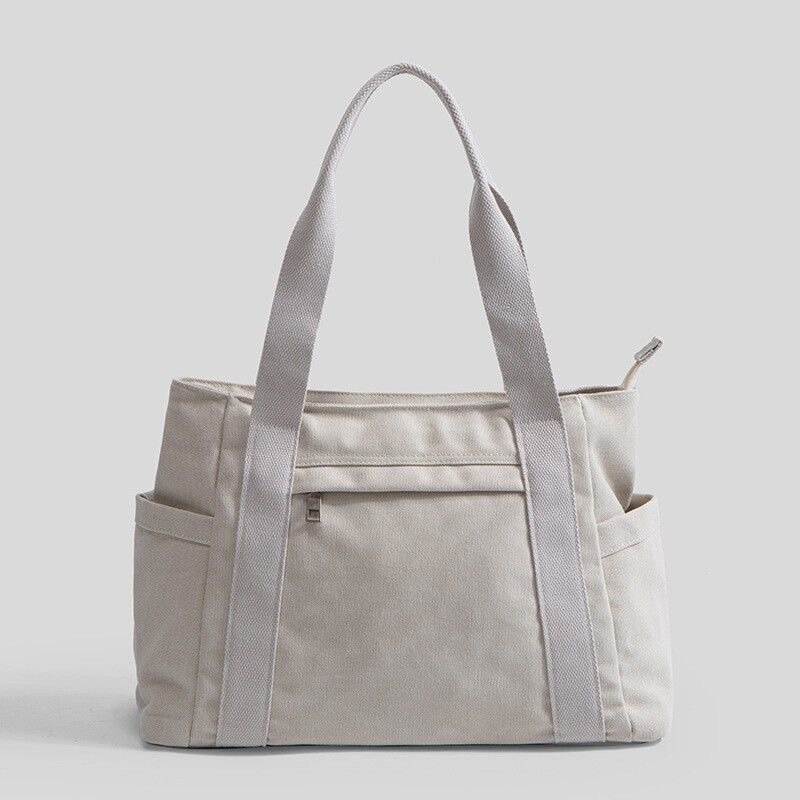 A4 Lege Vrouwelijke Schouder Canvas Tas Grote Vrouwen Canvas Tote Bag Met Rits China Mode Grote Stof Doek Tassen voor Vrouwen: beige white