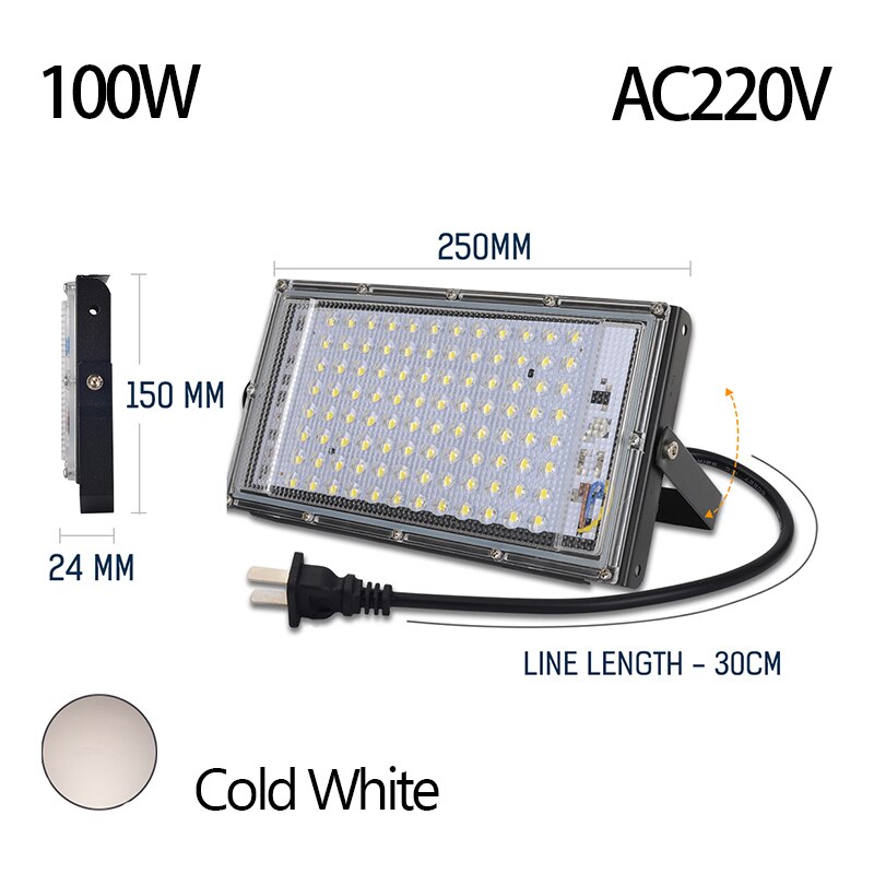 Projecteur LED à Clip électrique 50W 100W DC12V, lampe d&#39;urgence, éclairage extérieur pour Camping, randonnée et travail: 100W AC220V 6500k