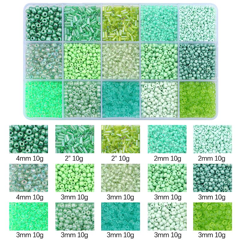 Juego de cuentas de vidrio de 15 colores para hacer pulseras, cuentas espaciadoras sueltas con caja de almacenamiento, Kit de tubos para manualidades, dijes de collares: Verde