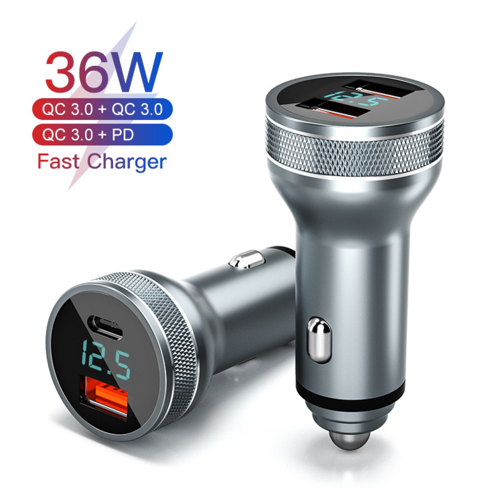 DC12-24 V Universal Digital Display 36W Dual USB QC3.0 PD Car Lighter Mobile Phone Charger Adapter ABS PC Digital Display