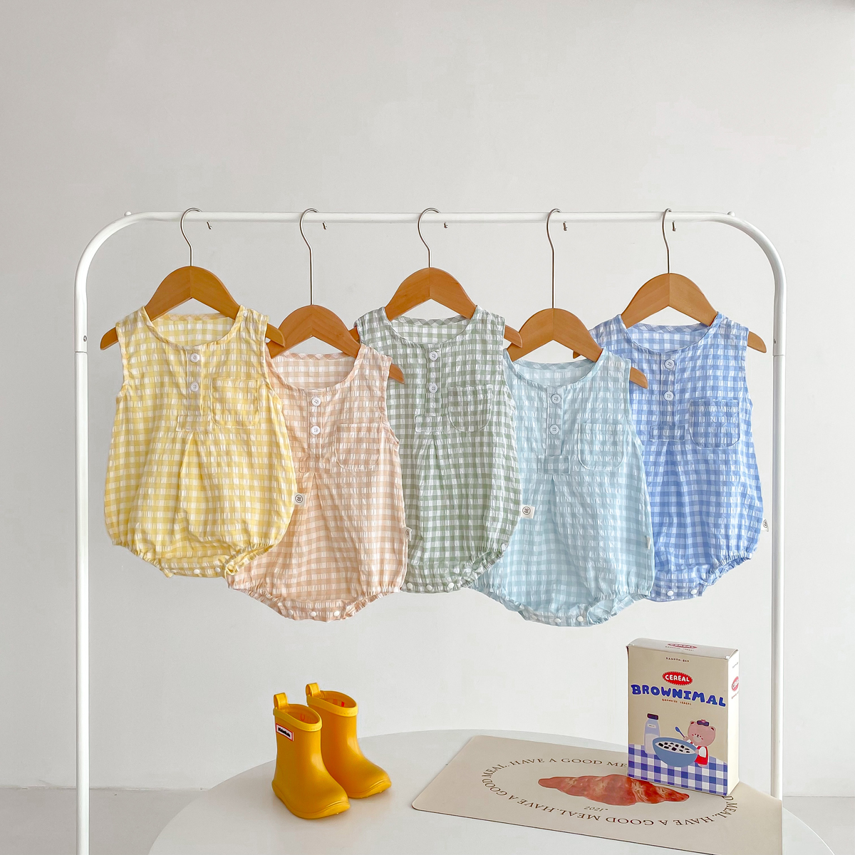 Sommer baby piger ærmeløs romper ternet nyfødt baby bodysuit 0-2 år gammel spædbarn jumpsuit