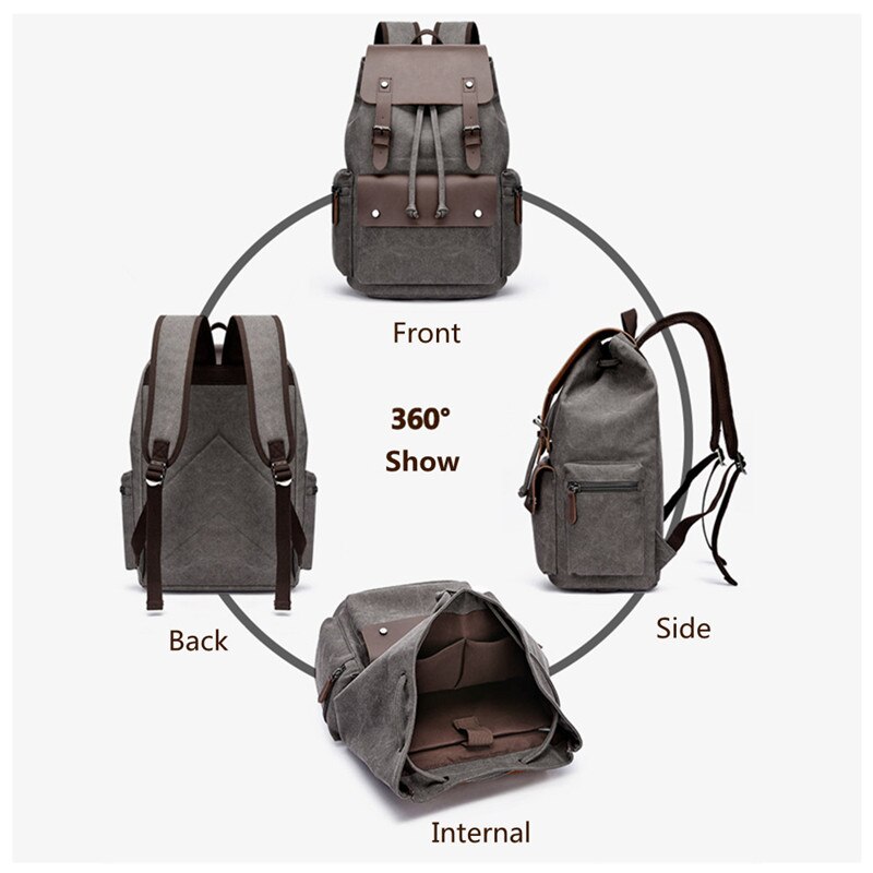 Canvas-rucksack für herren, großes fassungsvermögen, geeignet für laptops bis 17 zoll, kordelzug, lederhülle, reiserucksack, schulrucksack