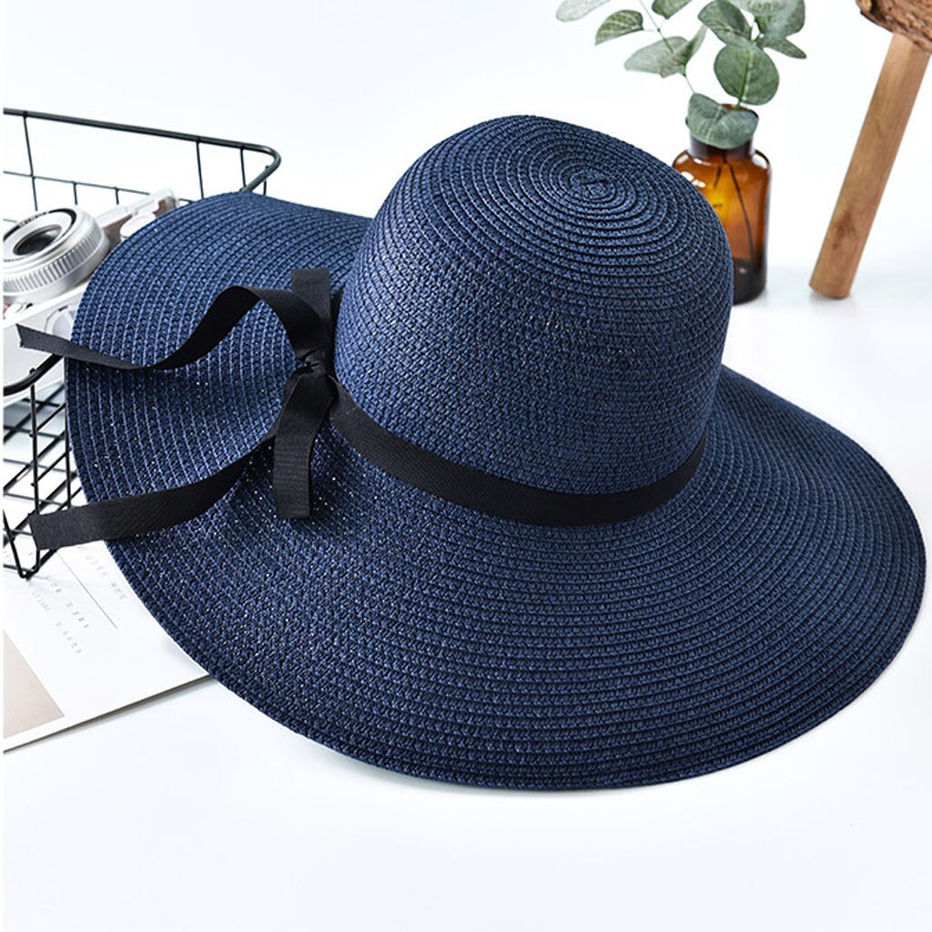 Summer Straw Hat Women Wide Brim Beach Sun Hats Ladies Floppy Beach Sun Foldable Cap Summer Wide Brim Straw Hat: Navy 