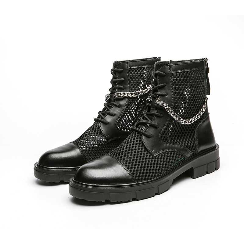 Stivaletti da uomo estivi Punk Rock Mesh catena in pelle stivali a punta tonda stivali da moto da discoteca traspiranti scarpe Casual 46: 38