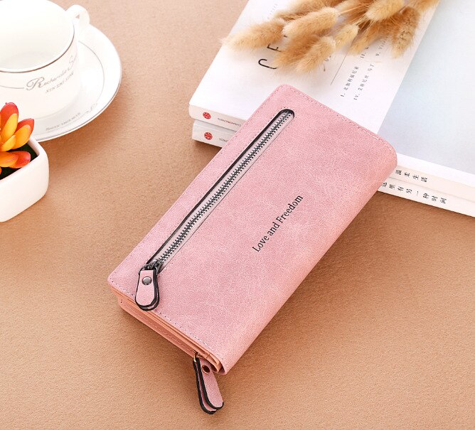 Cartera larga DOLOV para mujer, sección de estudiantes, una pequeña y fresca personalidad retro con cremallera, hebilla simple, billetera plegable ultrafina: Rosa