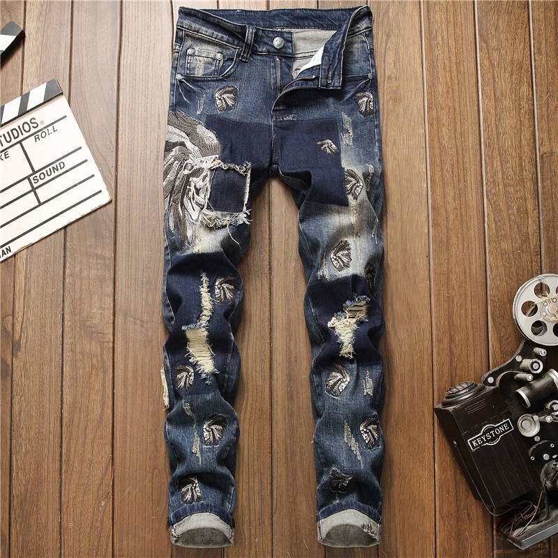 AUTUMN Winter Men's Patchwork Ripped Embroidered Stretch Jeans Trendy Holes Straight Denim Trouers