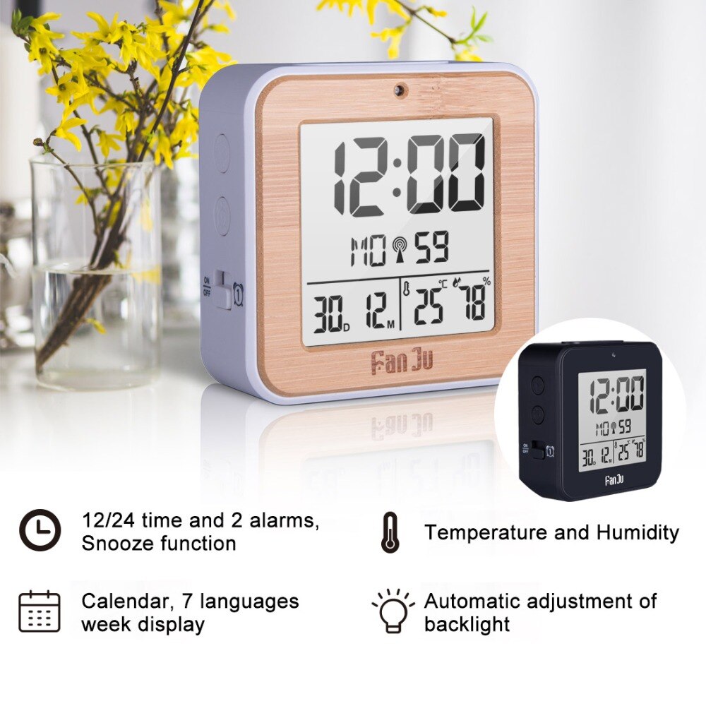 FanJu – réveil numérique LED, Radio DCF, double alarme, rétro-éclairage automatique, électronique, température humidité, Table, de bureau