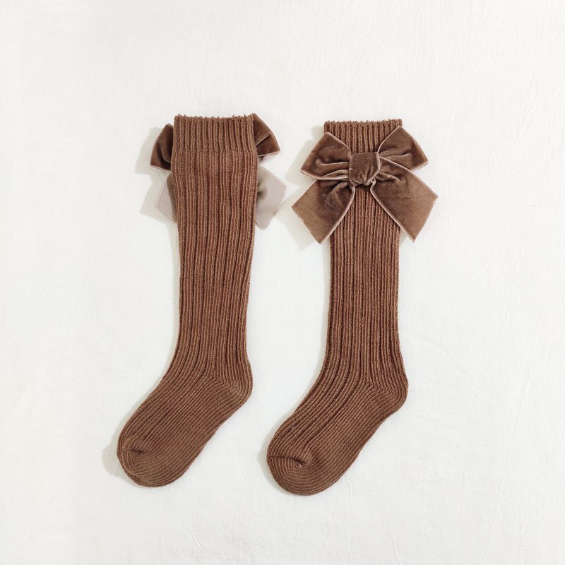 freundlicher Spanisch Socken für Frühling Herbst groß Bowknot Wolle Baby Socken Reine Ebene Farbe Mitte-zu-hohe kleinkind Mädchen Socken: Braun / S (0-1Jahre)