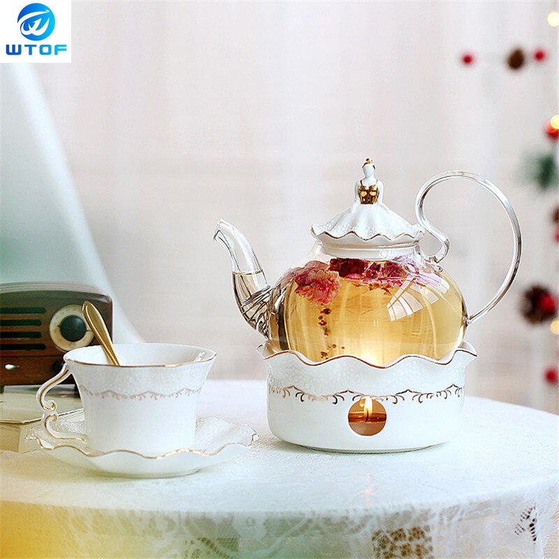 Théière en céramique avec crépine Vintage porcelaine britannique théière et ensemble de tasses bougie chauffage verre tasses à café décoration de la maison