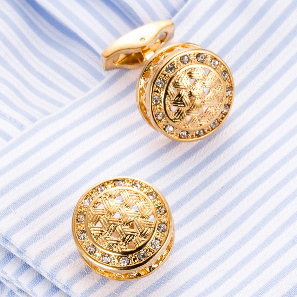 Cufflinks French Shirt Men Business Banquet Wedding Dress Daily Casual Date Top Grade Round Hollow Crystal Cufflink: Gold-color