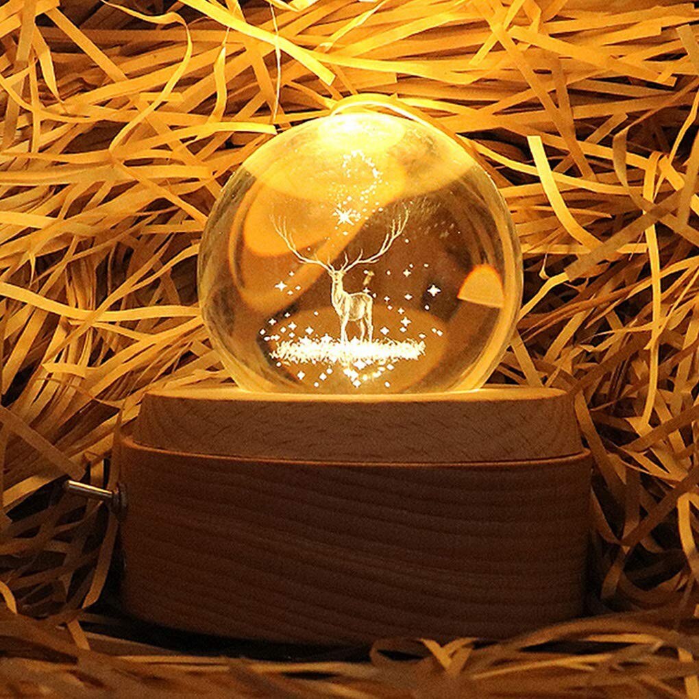 3D Crystal Ball Music Box The Deer Luminous Rotating Musical Box With Projection Led Light