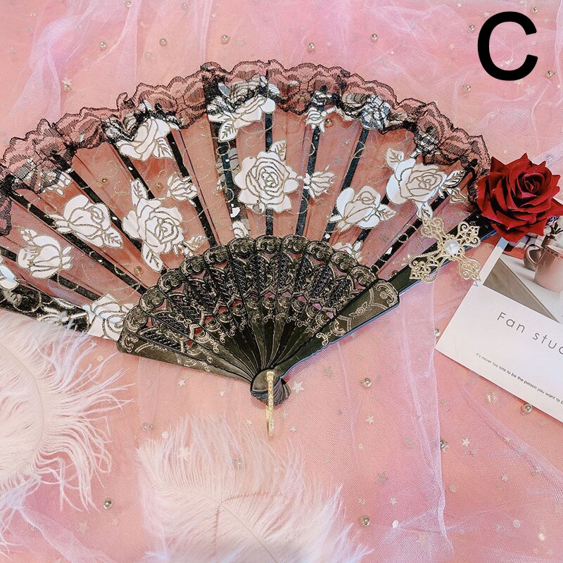 Lolita – éventail pliable en dentelle Rose, Style rétro européen, Style gothique foncé, pour danse de cour, , décoration de fête de mariage: C