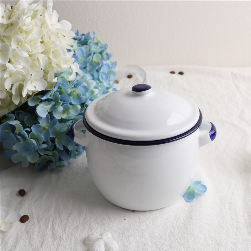 13 Cm Enamel Storage Tank Small Stew Pot Double Ears With Lid Stew Cup Bird's Nest Steamed Egg Noodles Bowl Oil Tank