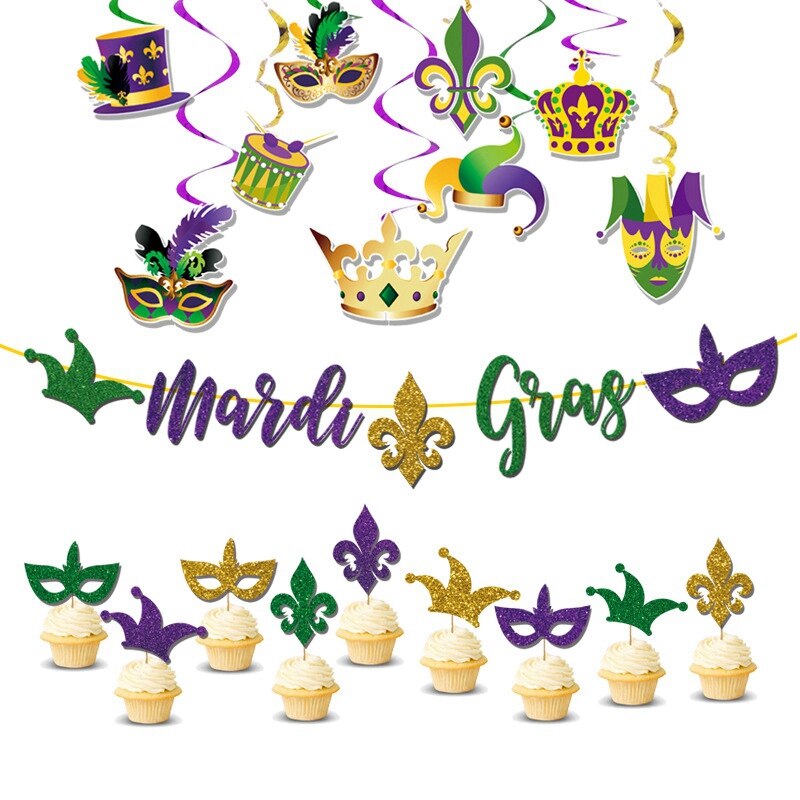 MARDI GRAS Carnival Theme Birthday Party Decoration Cake Topper Banner PVC Spiral Pendant Latex Balloon Supplies: PVC-10pcs tag-flag