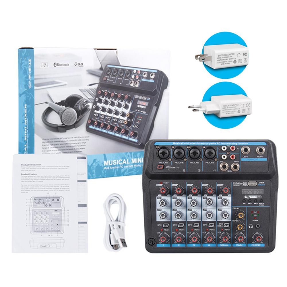 Mélangeur Audio à Six canaux, avec Interface USB, Bluetooth 48V, alimentation fantôme, Console de mixage sonore pour DJ PC, enregistrement